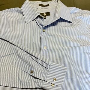 Calvin Klein Mens L Blue White Striped Cotton Long Sleeve Dress Shirt 16 32/33